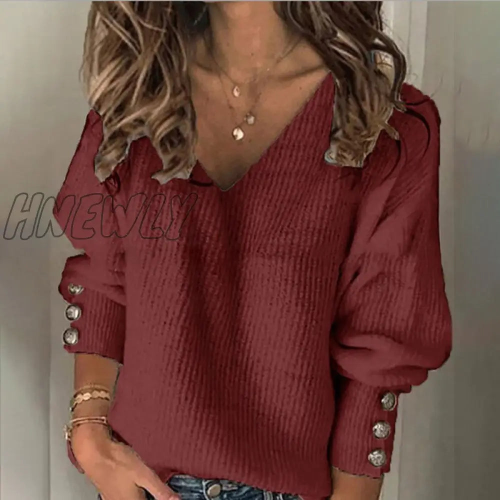 Hnewly Women's Sweaters Autumn Winter Elegant Solid Color V-Neck Long Sleeve Pullover Tops Female Fashion Button Knitted Sweaters