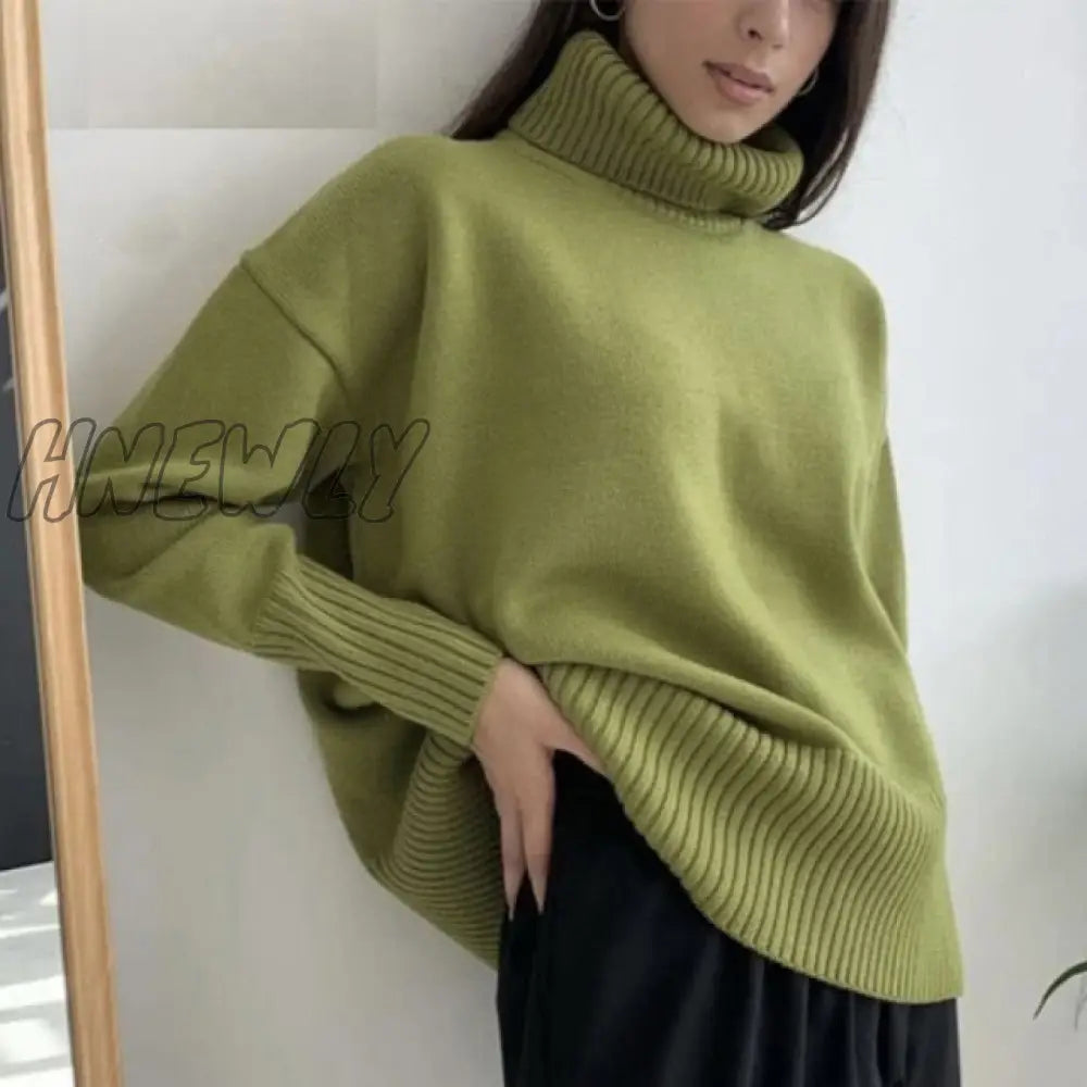 xsrrr Women's Turtleneck Long Sleeve Sweater Knitted Green Casual Female Autumn Winter Jumper Elegant Ladies Pullover Sweaters Christmas