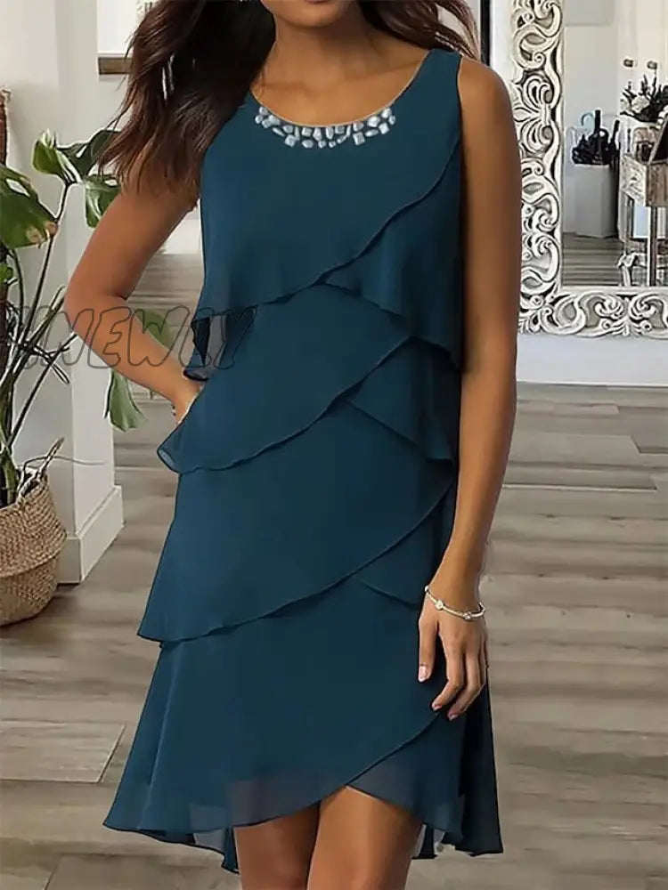 Hnewly Women‘s Work Dress Wedding Guest Chiffon Dress Semi Formal Dress Fashion Midi Dress Ruffle Layered Crew Neck Sleeveless Plain Loose Fit Dark Blue Summer Spring S M L XL XXL