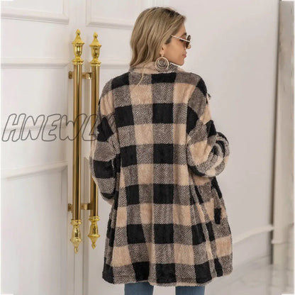 xsrrr Wool Coat Plaid Long Jacket Woman Overcoat Fashion Long Sleeve Coats Women Autumn Winter Casual Girls Coat Female Streetwear