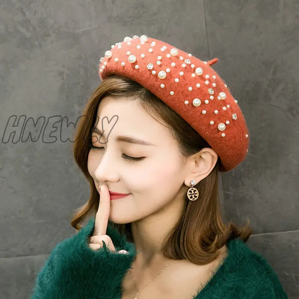 Hnewly Woolen pearl beret woman Autumn-winter Korean all-matching Japanese painter hat British retro pumpkin hat woman