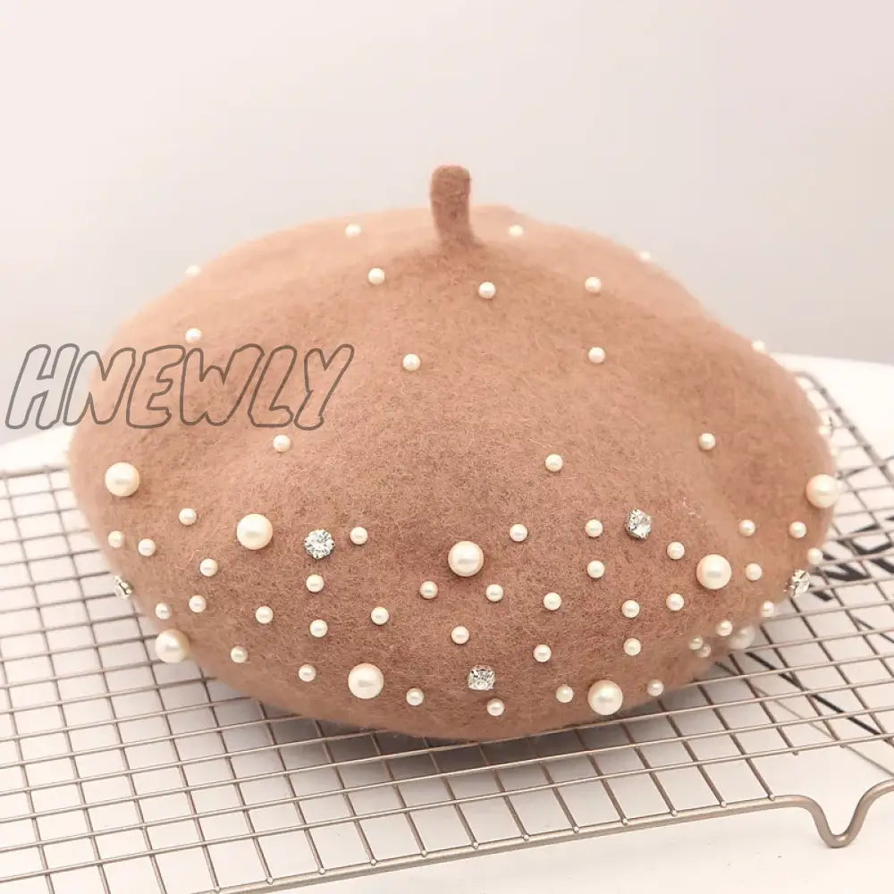 Hnewly Woolen pearl beret woman Autumn-winter Korean all-matching Japanese painter hat British retro pumpkin hat woman