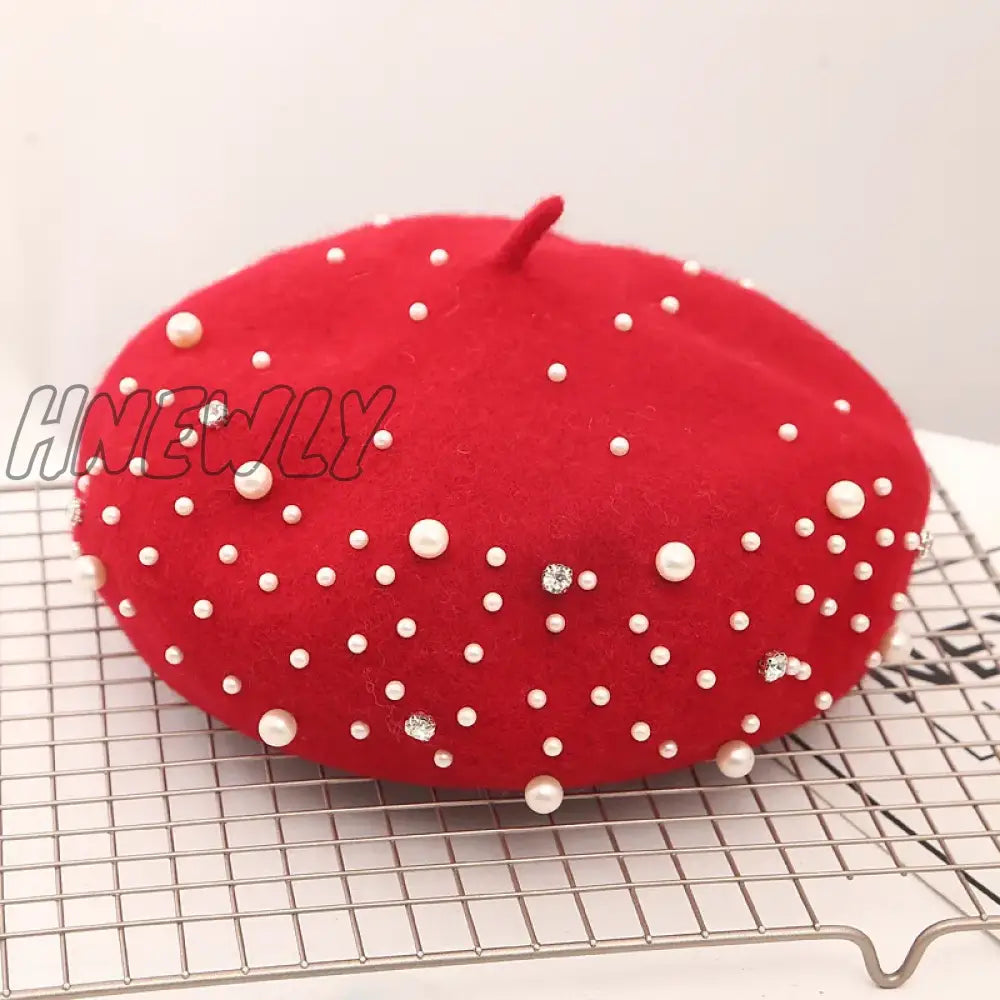 Hnewly Woolen pearl beret woman Autumn-winter Korean all-matching Japanese painter hat British retro pumpkin hat woman