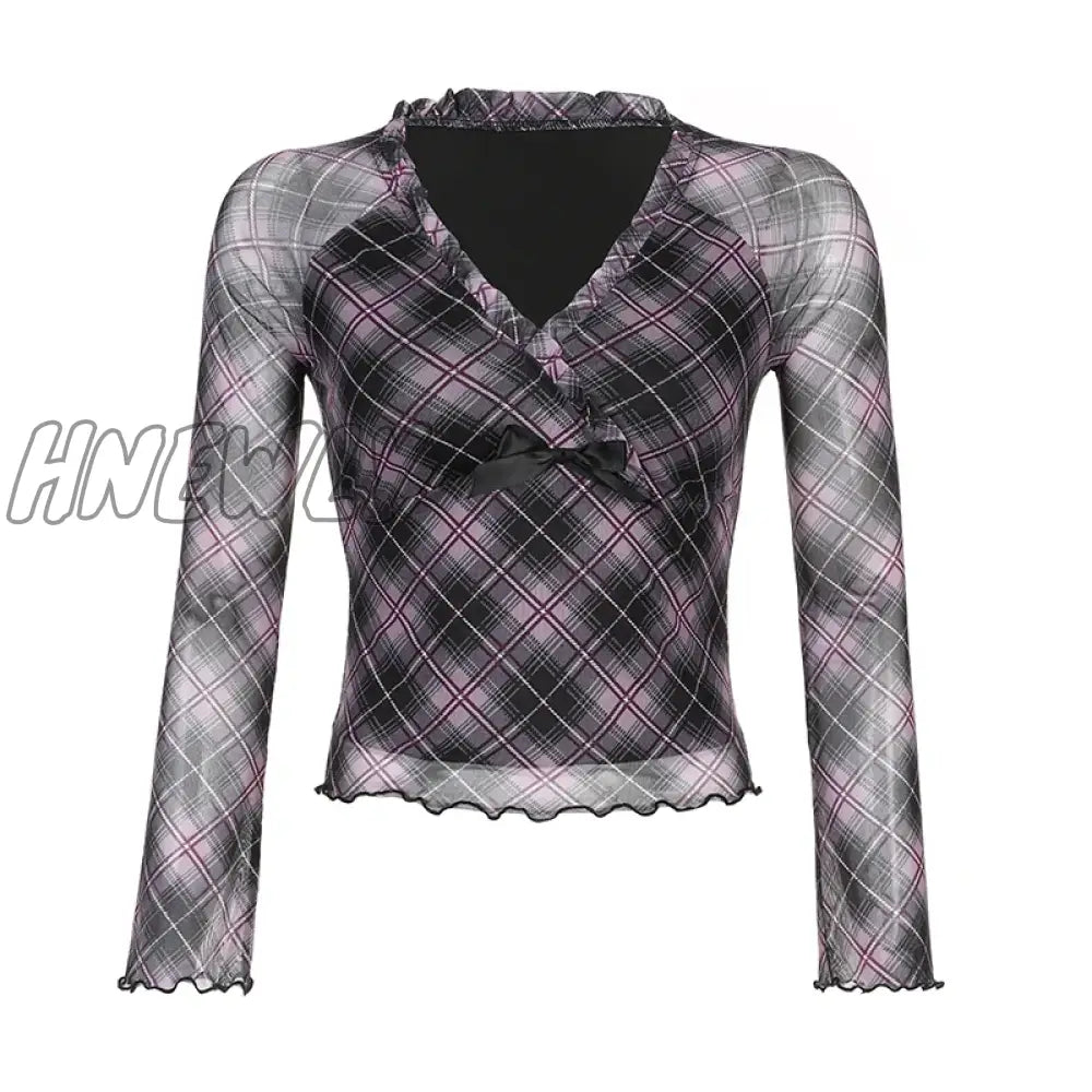 Hnewly Y2K Aesthetic Frill Plaid Tshirt Mesh Top V Neck Chic Bow Ruffles Autumn Tee Shirts Female Clothing Vintage Fashion