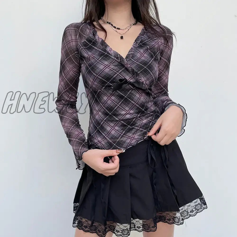 Hnewly Y2K Aesthetic Frill Plaid Tshirt Mesh Top V Neck Chic Bow Ruffles Autumn Tee Shirts Female Clothing Vintage Fashion