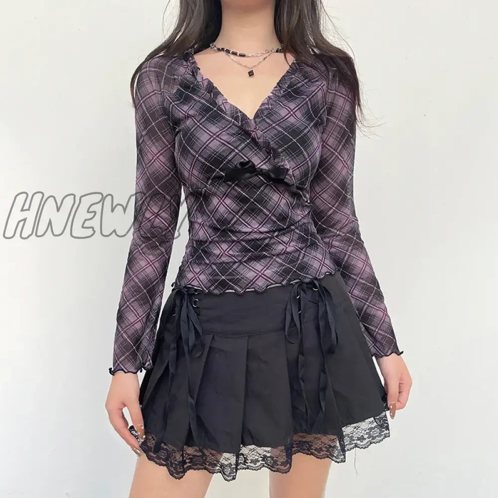 Hnewly Y2K Aesthetic Frill Plaid Tshirt Mesh Top V Neck Chic Bow Ruffles Autumn Tee Shirts Female Clothing Vintage Fashion