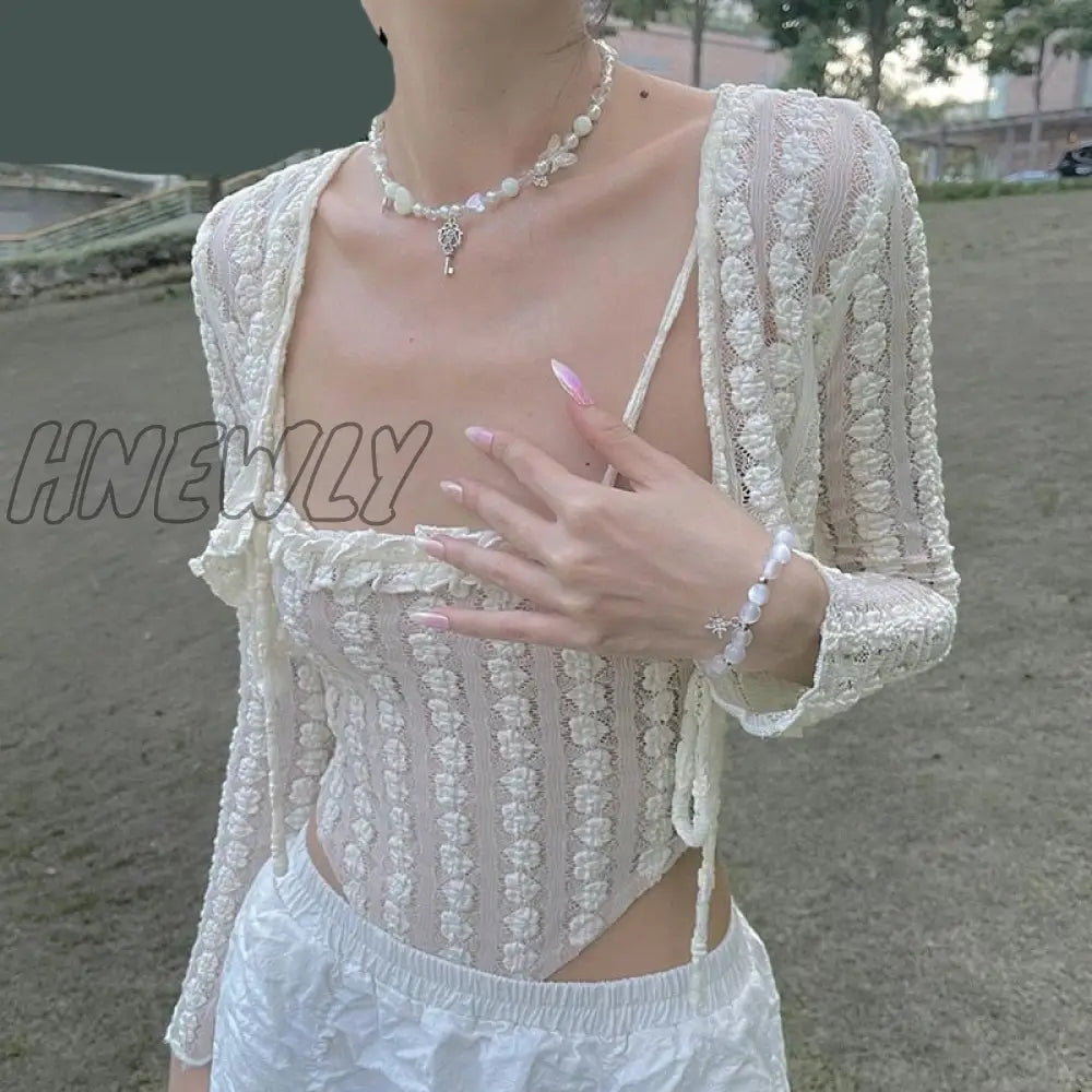 xsrrr Y2K Aesthetics Cute Ruffles Trim Bandage Lace 2 Piece T-shirts 2000s Fashion Long Sleeve Covers and Camis Sweet Outfits