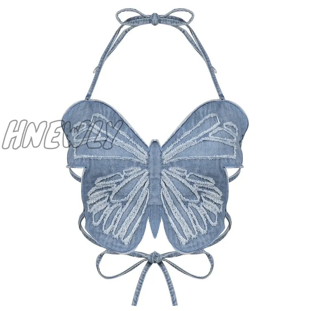 xsrrr y2k Butterfly Jeans Crop Top Backless Strap Camis Sexy Blue Cute Party Sweats Women Beach Holiday Mini Vest Summer Tee