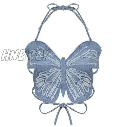 xsrrr y2k Butterfly Jeans Crop Top Backless Strap Camis Sexy Blue Cute Party Sweats Women Beach Holiday Mini Vest Summer Tee