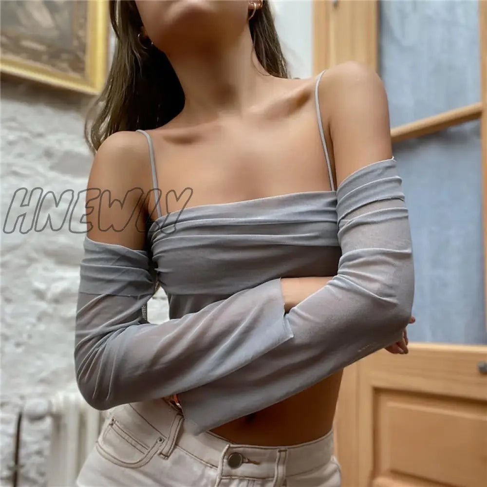 xsrrr Y2k Fairy Core Sheer Mesh Off Shoulder Long Sleeve Crop Top Casual Shirts Women Clothing Women's Top with Sleeves ������ ��������������