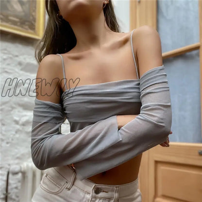 xsrrr Y2k Fairy Core Sheer Mesh Off Shoulder Long Sleeve Crop Top Casual Shirts Women Clothing Women's Top with Sleeves ������ ��������������