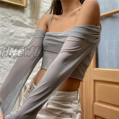 xsrrr Y2k Fairy Core Sheer Mesh Off Shoulder Long Sleeve Crop Top Casual Shirts Women Clothing Women's Top with Sleeves ������ ��������������