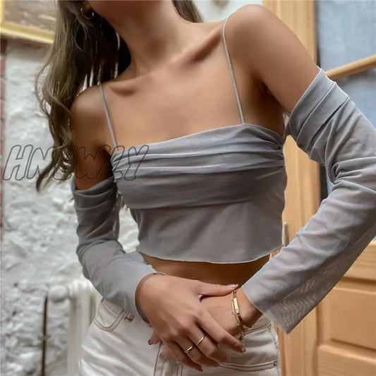 xsrrr Y2k Fairy Core Sheer Mesh Off Shoulder Long Sleeve Crop Top Casual Shirts Women Clothing Women's Top with Sleeves ������ ��������������