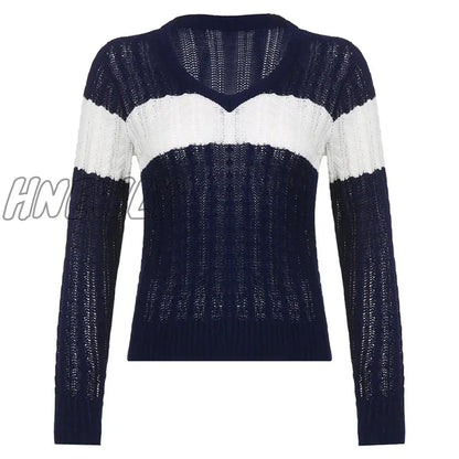 xsrrr y2k Fairy Grunge Sweater 2000s Aesthetic Women Striped Knitted Tops E Girl V Neck Long Sleeve Pullovers Casual Knitwear