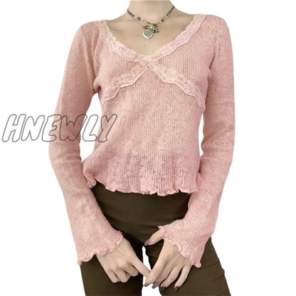 xsrrr y2k Fairy Grunge Tops Sweet Women V Neck Lace Patchwork Long Sleeve T Shirt E Girl Knitted Clothes 2000s Streewear