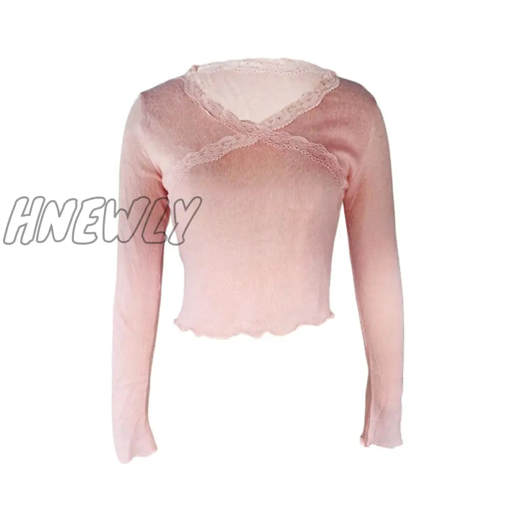 xsrrr y2k Fairy Grunge Tops Sweet Women V Neck Lace Patchwork Long Sleeve T Shirt E Girl Knitted Clothes 2000s Streewear