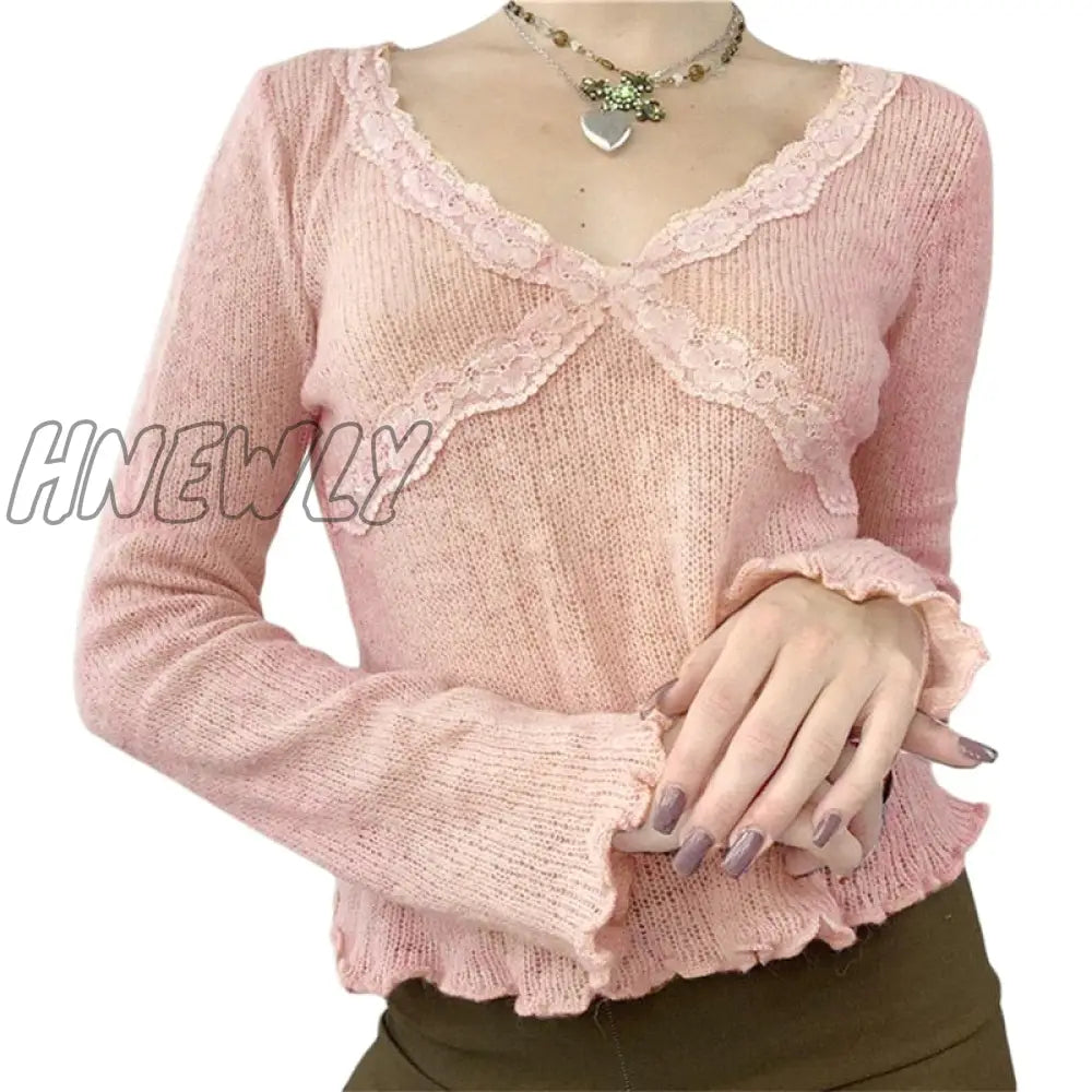 xsrrr y2k Fairy Grunge Tops Sweet Women V Neck Lace Patchwork Long Sleeve T Shirt E Girl Knitted Clothes 2000s Streewear