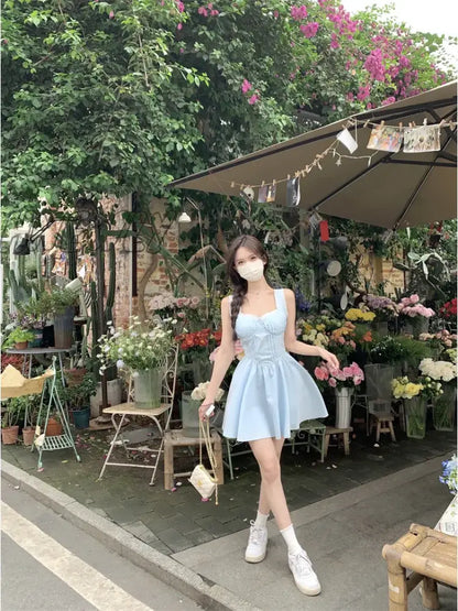 xsrrr Y2k Fairycore Blue Corset Dress Women Korean Fashion Sweet Lace High Waist Tunic Slip Mini Princess Prom Dresses Summer