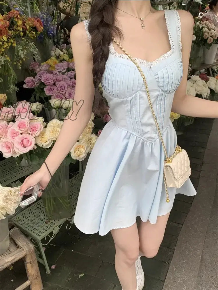 xsrrr Y2k Fairycore Blue Corset Dress Women Korean Fashion Sweet Lace High Waist Tunic Slip Mini Princess Prom Dresses Summer