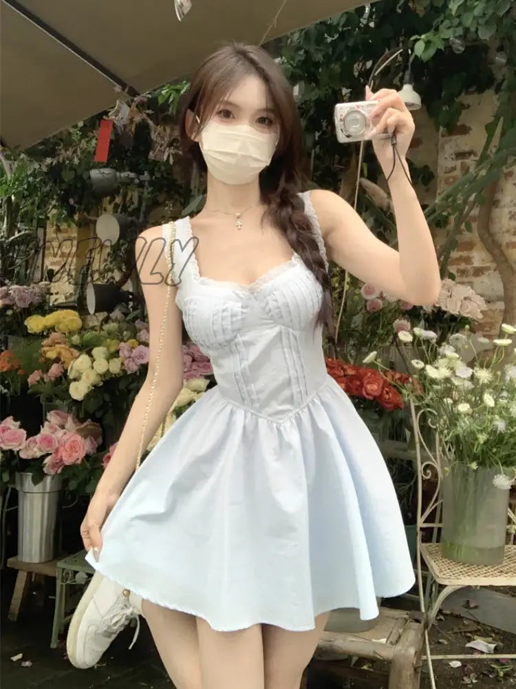 xsrrr Y2k Fairycore Blue Corset Dress Women Korean Fashion Sweet Lace High Waist Tunic Slip Mini Princess Prom Dresses Summer