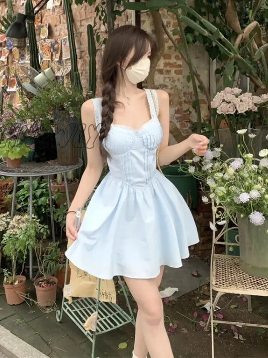 xsrrr Y2k Fairycore Blue Corset Dress Women Korean Fashion Sweet Lace High Waist Tunic Slip Mini Princess Prom Dresses Summer