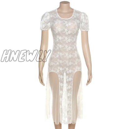 Hnewly Y2k Fairycore See Through Floral Lace Mesh White Dress Summer Retro Puffy Short Sleeve Long Dresses Coquette