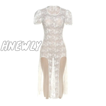 Hnewly Y2k Fairycore See Through Floral Lace Mesh White Dress Summer Retro Puffy Short Sleeve Long Dresses Coquette