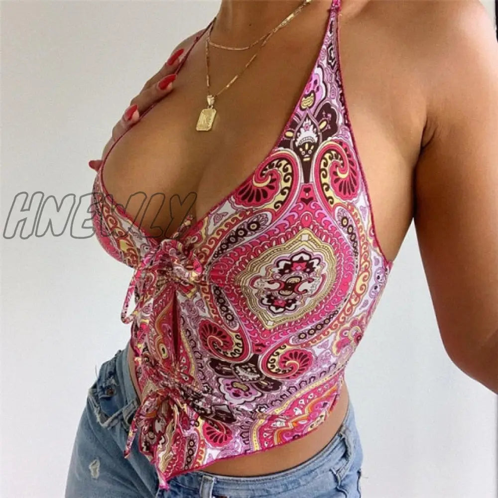 Hnewly Y2K Floral Printed Blue Halter Top Summer Bohemian Beach Style Backless Tank Top Tie Knot Front Cut Out Mini Vest Women Cami