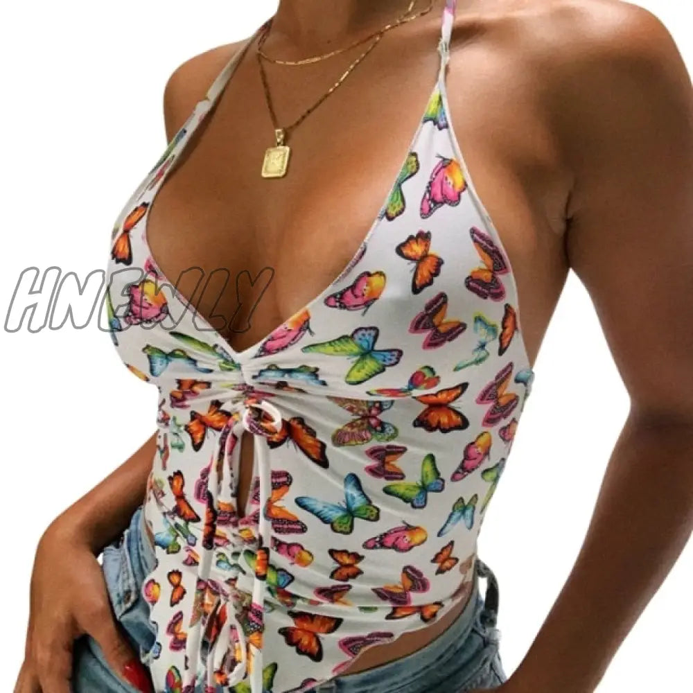 Hnewly Y2K Floral Printed Blue Halter Top Summer Bohemian Beach Style Backless Tank Top Tie Knot Front Cut Out Mini Vest Women Cami