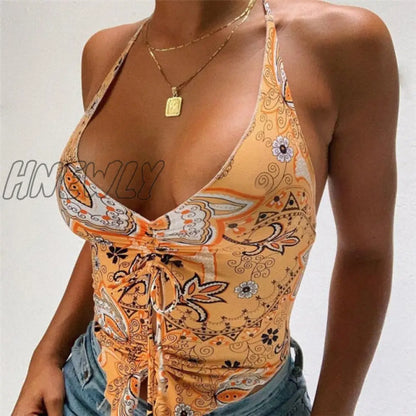 Hnewly Y2K Floral Printed Blue Halter Top Summer Bohemian Beach Style Backless Tank Top Tie Knot Front Cut Out Mini Vest Women Cami