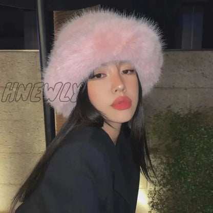 Hnewly y2k Fluffy Faux Fur Bucket Hat Women Rabbit Fur Warm Thick Plush Winter Hat Lady Luxury Fashion Party Panama Fisherman Cap