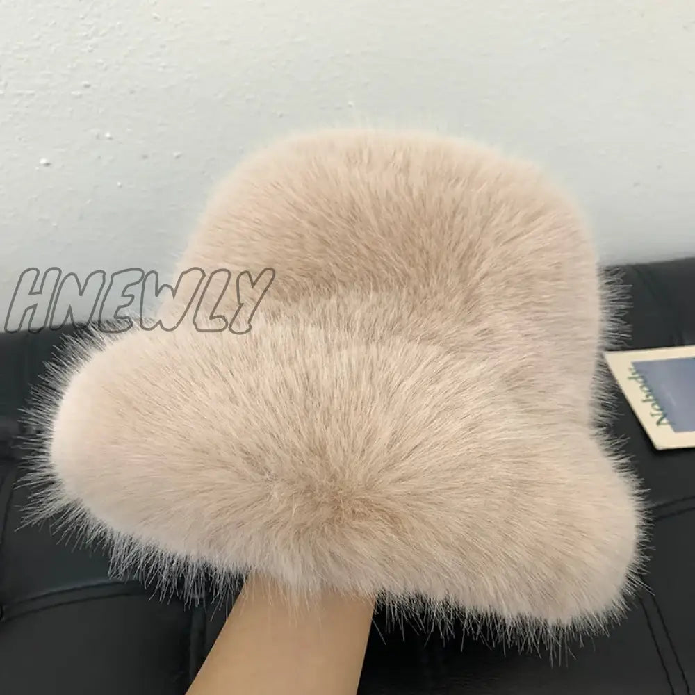 Hnewly y2k Fluffy Faux Fur Bucket Hat Women Rabbit Fur Warm Thick Plush Winter Hat Lady Luxury Fashion Party Panama Fisherman Cap