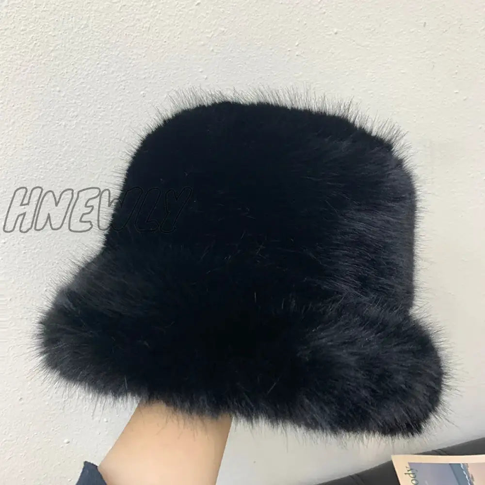 Hnewly y2k Fluffy Faux Fur Bucket Hat Women Rabbit Fur Warm Thick Plush Winter Hat Lady Luxury Fashion Party Panama Fisherman Cap