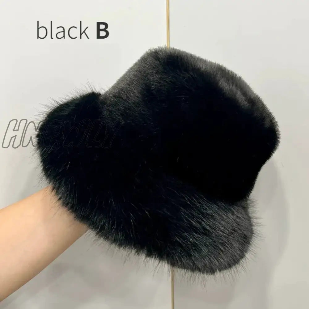 Hnewly y2k Fluffy Faux Fur Bucket Hat Women Rabbit Fur Warm Thick Plush Winter Hat Lady Luxury Fashion Party Panama Fisherman Cap