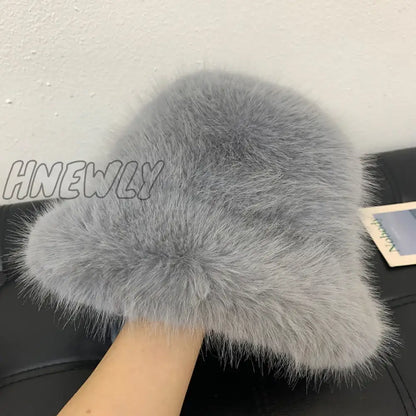 Hnewly y2k Fluffy Faux Fur Bucket Hat Women Rabbit Fur Warm Thick Plush Winter Hat Lady Luxury Fashion Party Panama Fisherman Cap