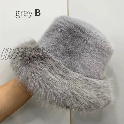 Hnewly y2k Fluffy Faux Fur Bucket Hat Women Rabbit Fur Warm Thick Plush Winter Hat Lady Luxury Fashion Party Panama Fisherman Cap