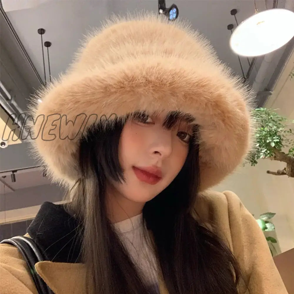 Hnewly y2k Fluffy Faux Fur Bucket Hat Women Rabbit Fur Warm Thick Plush Winter Hat Lady Luxury Fashion Party Panama Fisherman Cap