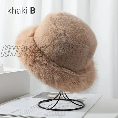 Hnewly y2k Fluffy Faux Fur Bucket Hat Women Rabbit Fur Warm Thick Plush Winter Hat Lady Luxury Fashion Party Panama Fisherman Cap