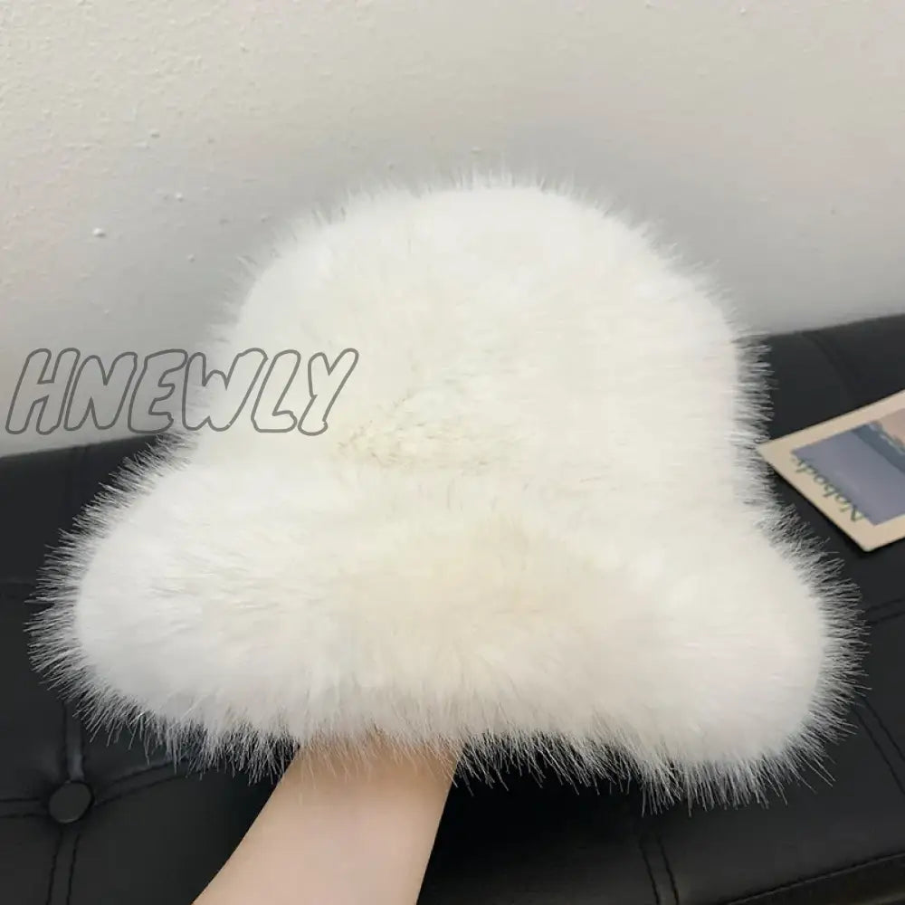 Hnewly y2k Fluffy Faux Fur Bucket Hat Women Rabbit Fur Warm Thick Plush Winter Hat Lady Luxury Fashion Party Panama Fisherman Cap