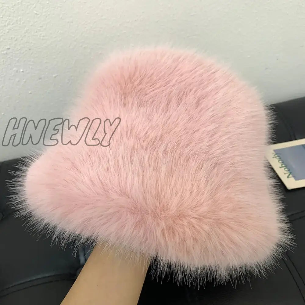 Hnewly y2k Fluffy Faux Fur Bucket Hat Women Rabbit Fur Warm Thick Plush Winter Hat Lady Luxury Fashion Party Panama Fisherman Cap