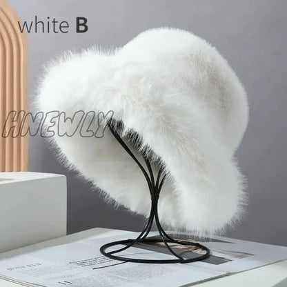 Hnewly y2k Fluffy Faux Fur Bucket Hat Women Rabbit Fur Warm Thick Plush Winter Hat Lady Luxury Fashion Party Panama Fisherman Cap