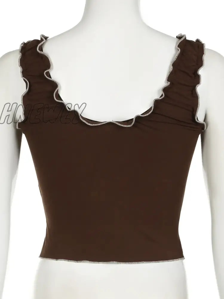 xsrrr Y2K Frill Camisole Women Brown Tie Up Crop Tops Kawaii Sweet Aesthetic Sleeveless Tank Top Female 2000s Coquette Outfit