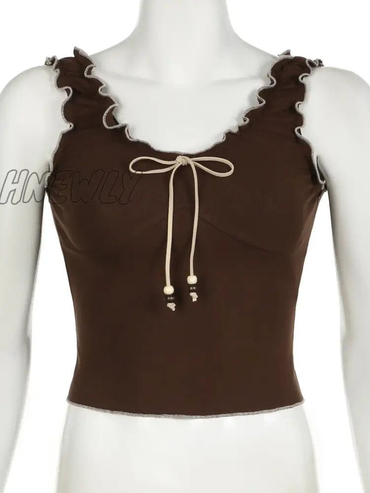 xsrrr Y2K Frill Camisole Women Brown Tie Up Crop Tops Kawaii Sweet Aesthetic Sleeveless Tank Top Female 2000s Coquette Outfit