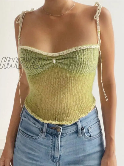 xsrrr Y2K Hollow Out Knit Crop Top Women Contrast Color Sleeveless Tank Tops Summer Club Sexy Sweater Vest Female