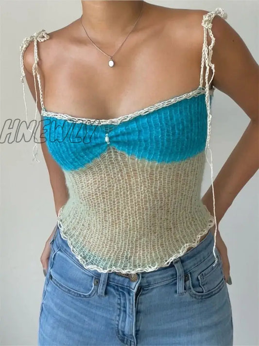 xsrrr Y2K Hollow Out Knit Crop Top Women Contrast Color Sleeveless Tank Tops Summer Club Sexy Sweater Vest Female