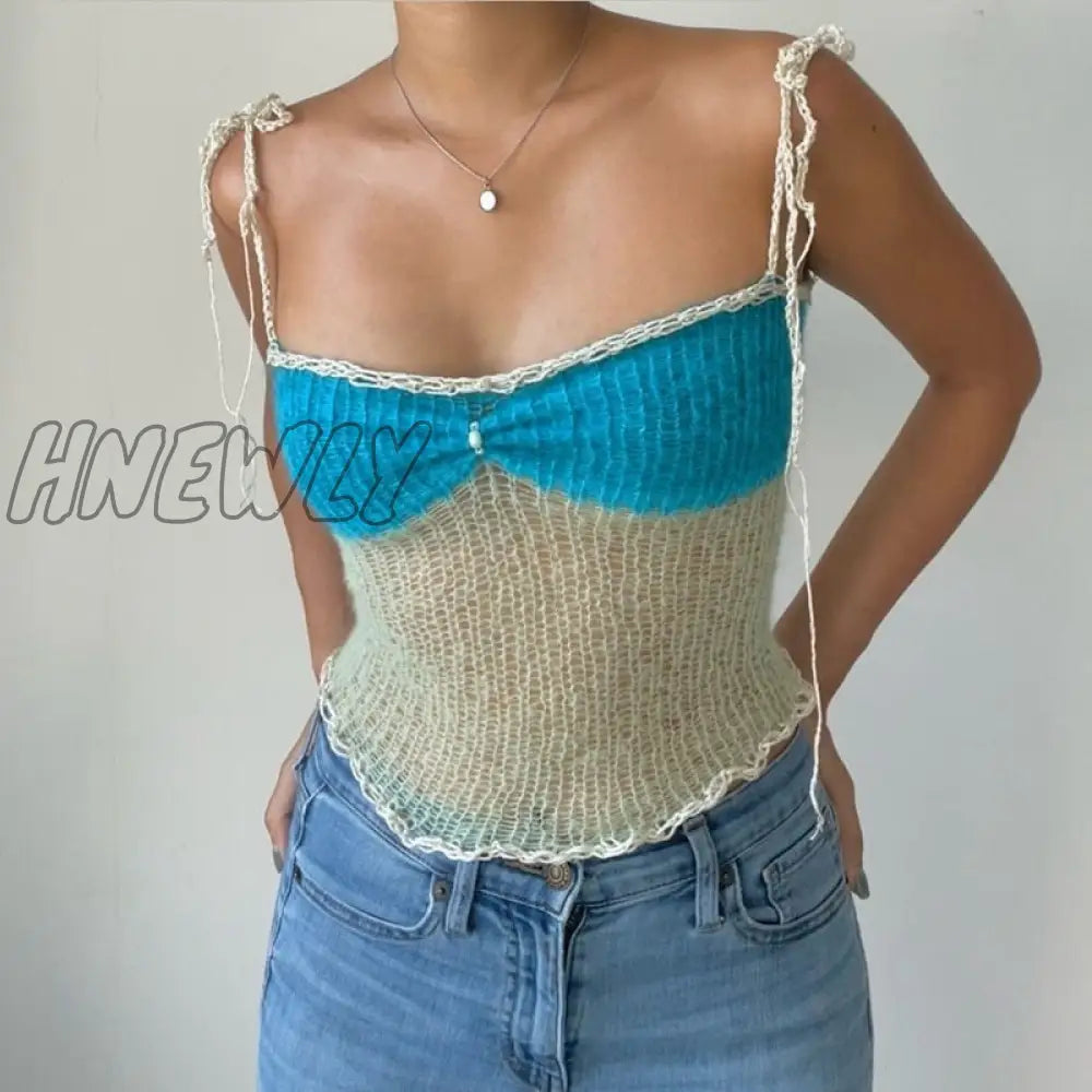 xsrrr Y2K Hollow Out Knit Crop Top Women Contrast Color Sleeveless Tank Tops Summer Club Sexy Sweater Vest Female