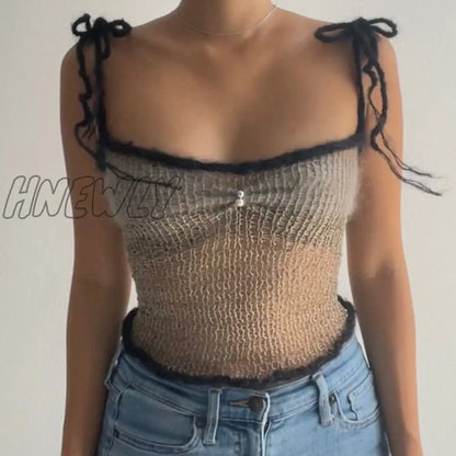 xsrrr Y2K Hollow Out Knit Crop Top Women Contrast Color Sleeveless Tank Tops Summer Club Sexy Sweater Vest Female