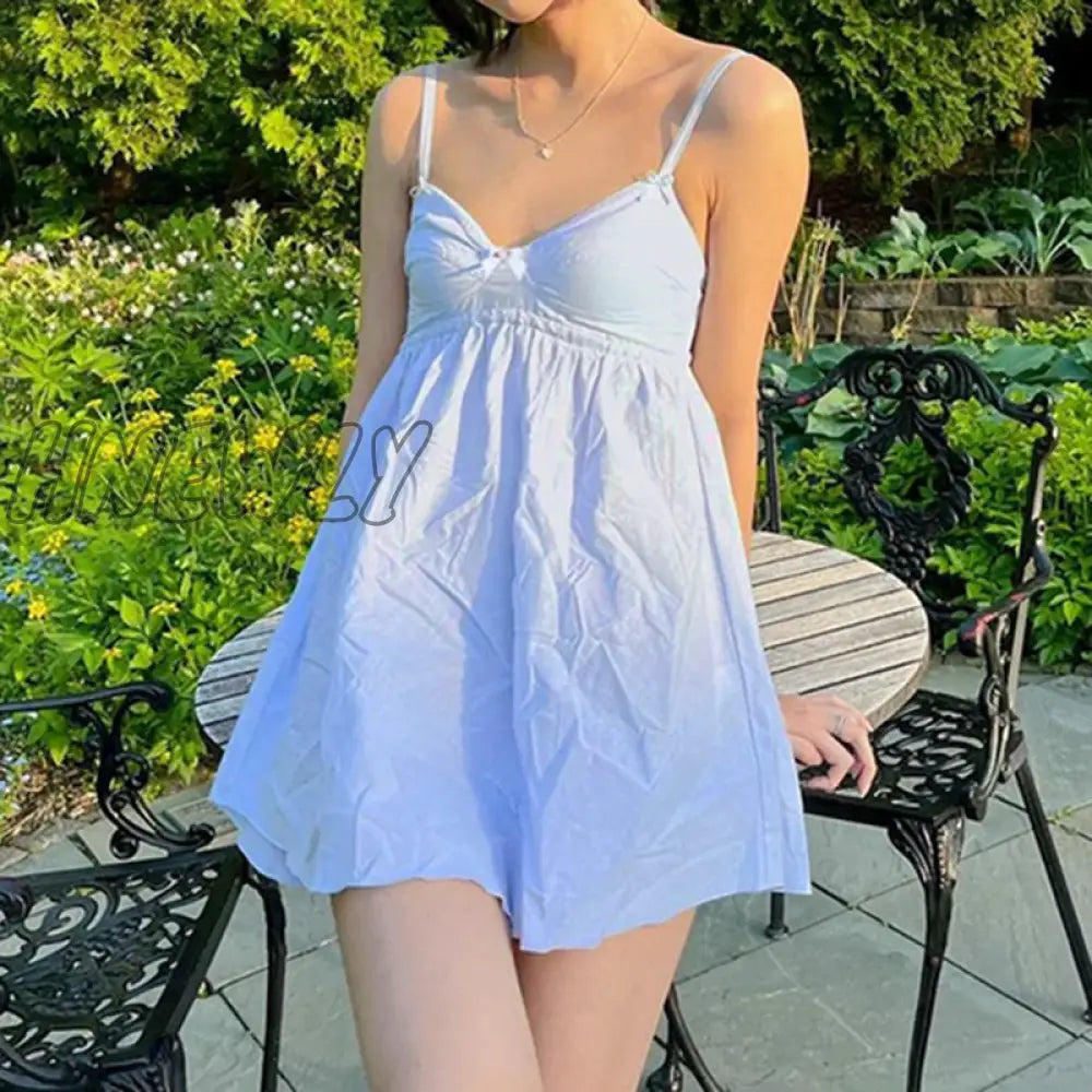 Hnewly Y2K Kawaii Bow A-line Dress Preppy Cute Cosplay 90s Vintage Fairy V Neck Mini Dress Chic Women Sleeveless Summer Streetwear