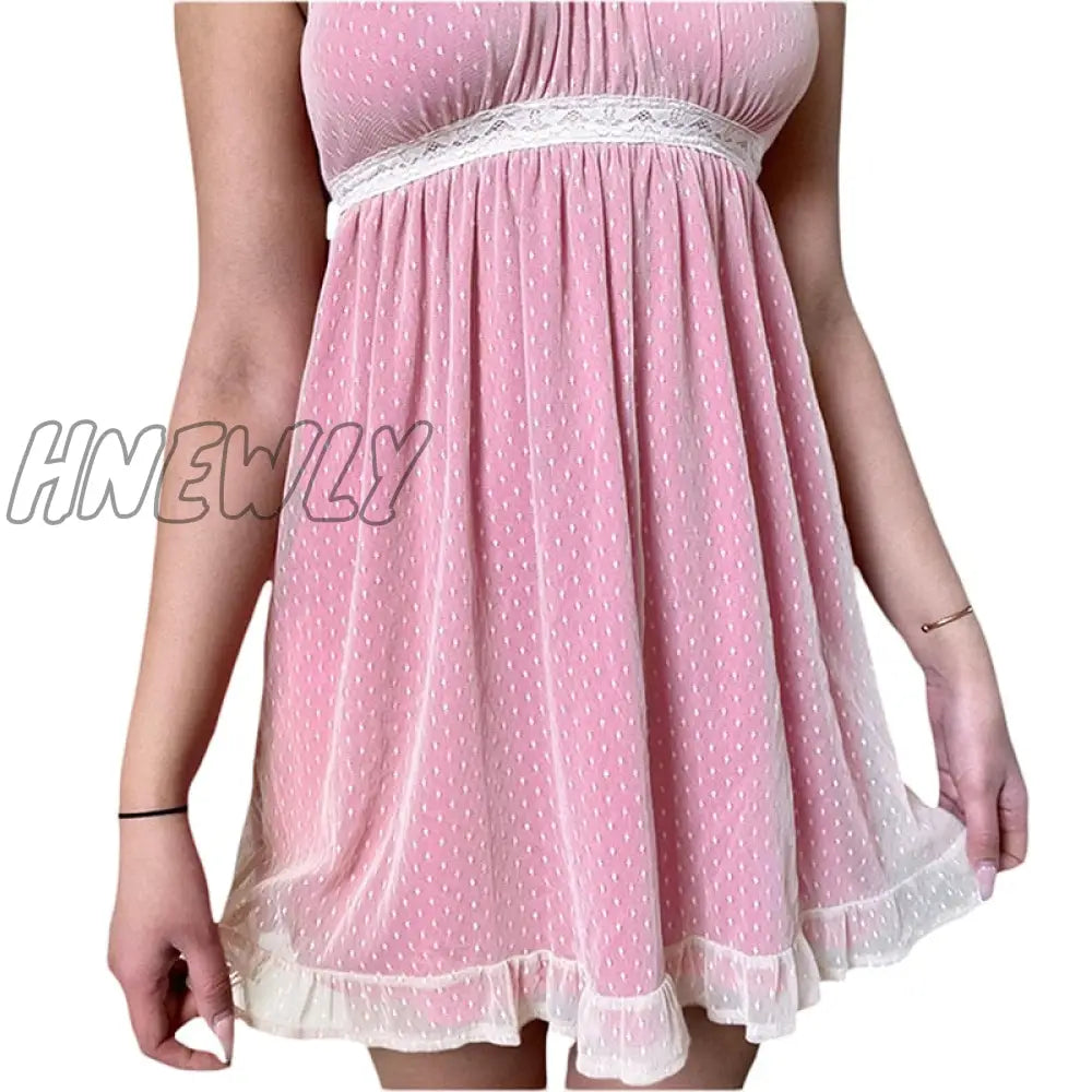 xsrrr y2k Kawaii Pink A-line Dress Summer Women Lace Mini Sundress Fashion Harajuku Sweet E Girl Clothes Streetwear