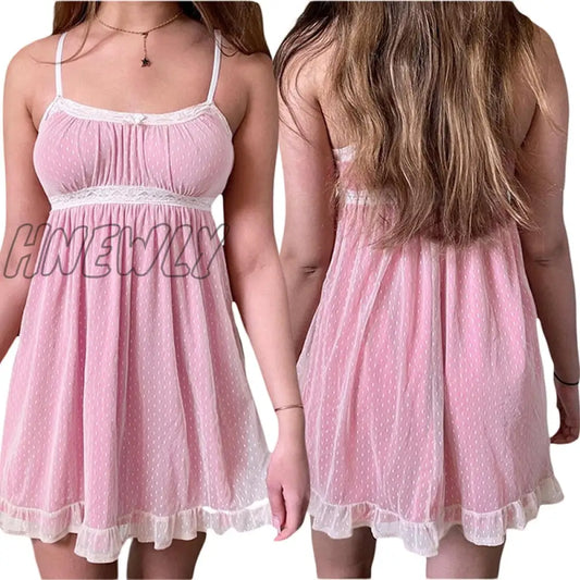 xsrrr y2k Kawaii Pink A-line Dress Summer Women Lace Mini Sundress Fashion Harajuku Sweet E Girl Clothes Streetwear